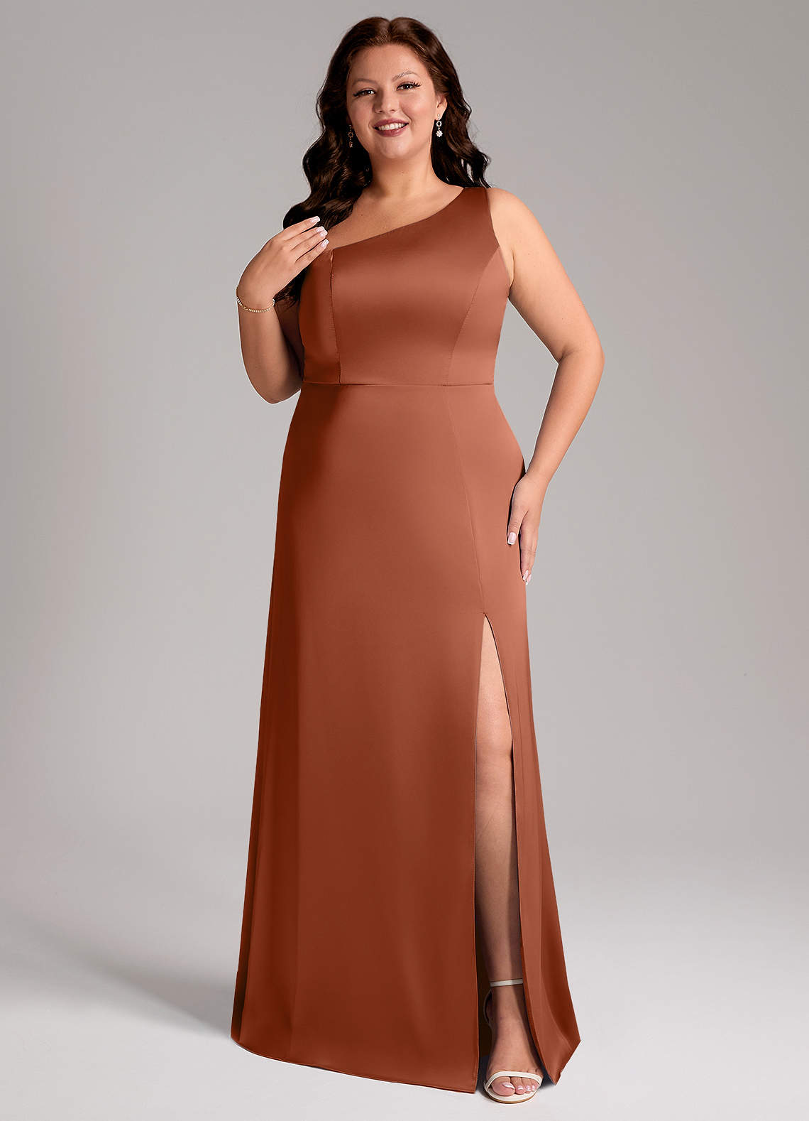 Azazie Phaedra Bridesmaid Dresses Cedar Rose A-Line One Shoulder Stretch Satin Dress image1