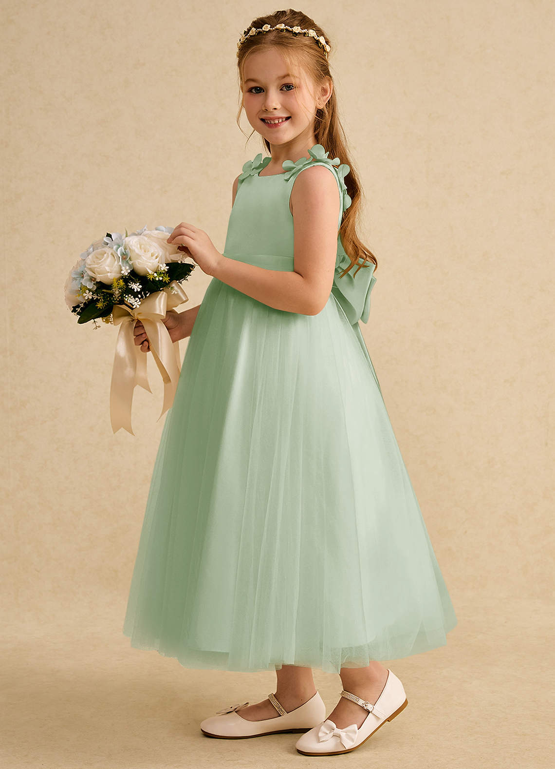 Azazie Lilli Robe Demoiselle D'honneur Fillette Robe Trapèze en Tulle Arc Sauge Poussiéreuse Sauge Poussiéreuse image2