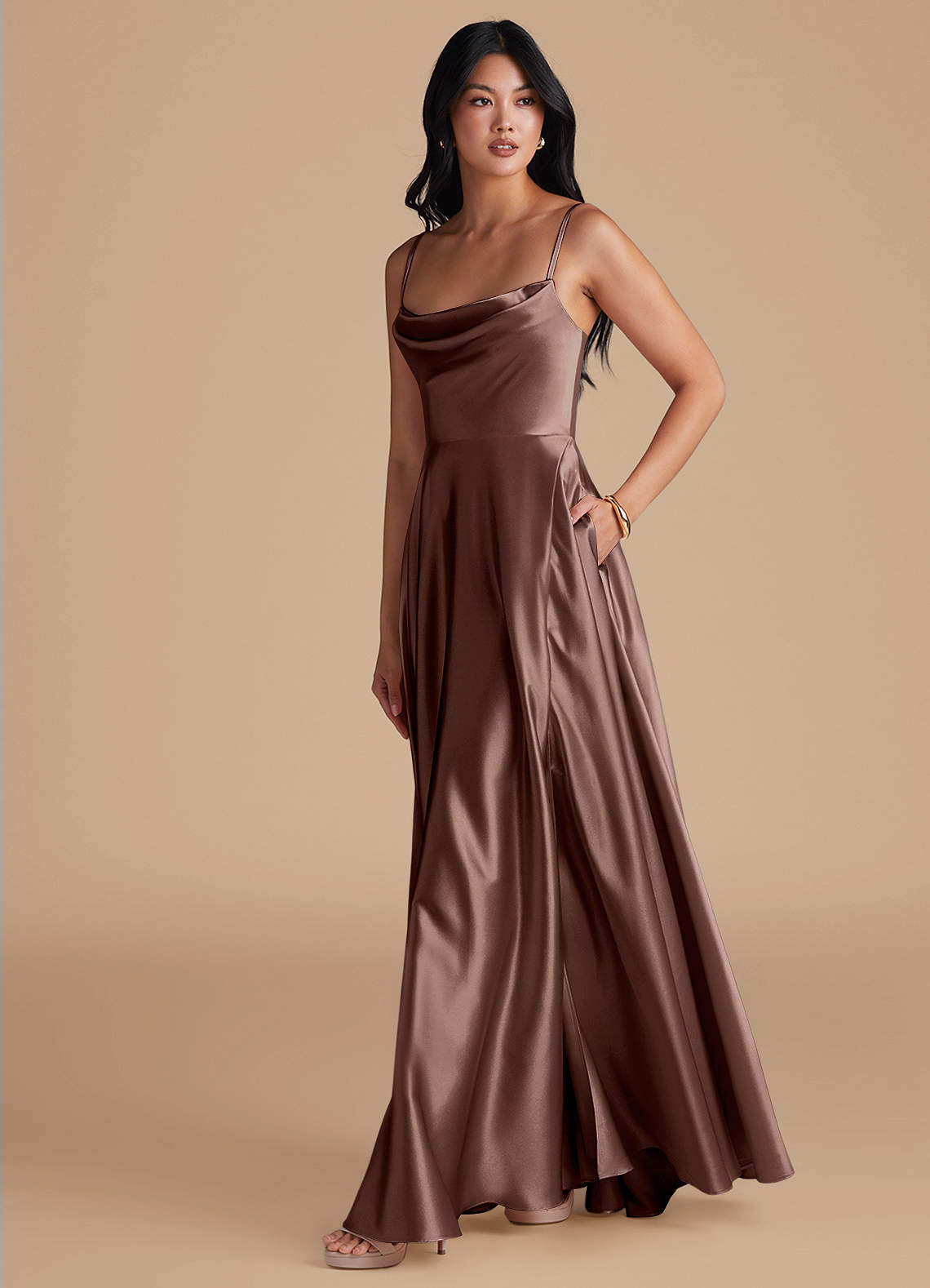 Azazie Elle Bridesmaid Dresses Espresso A-Line with Pockets Metallic Satin Dress image5