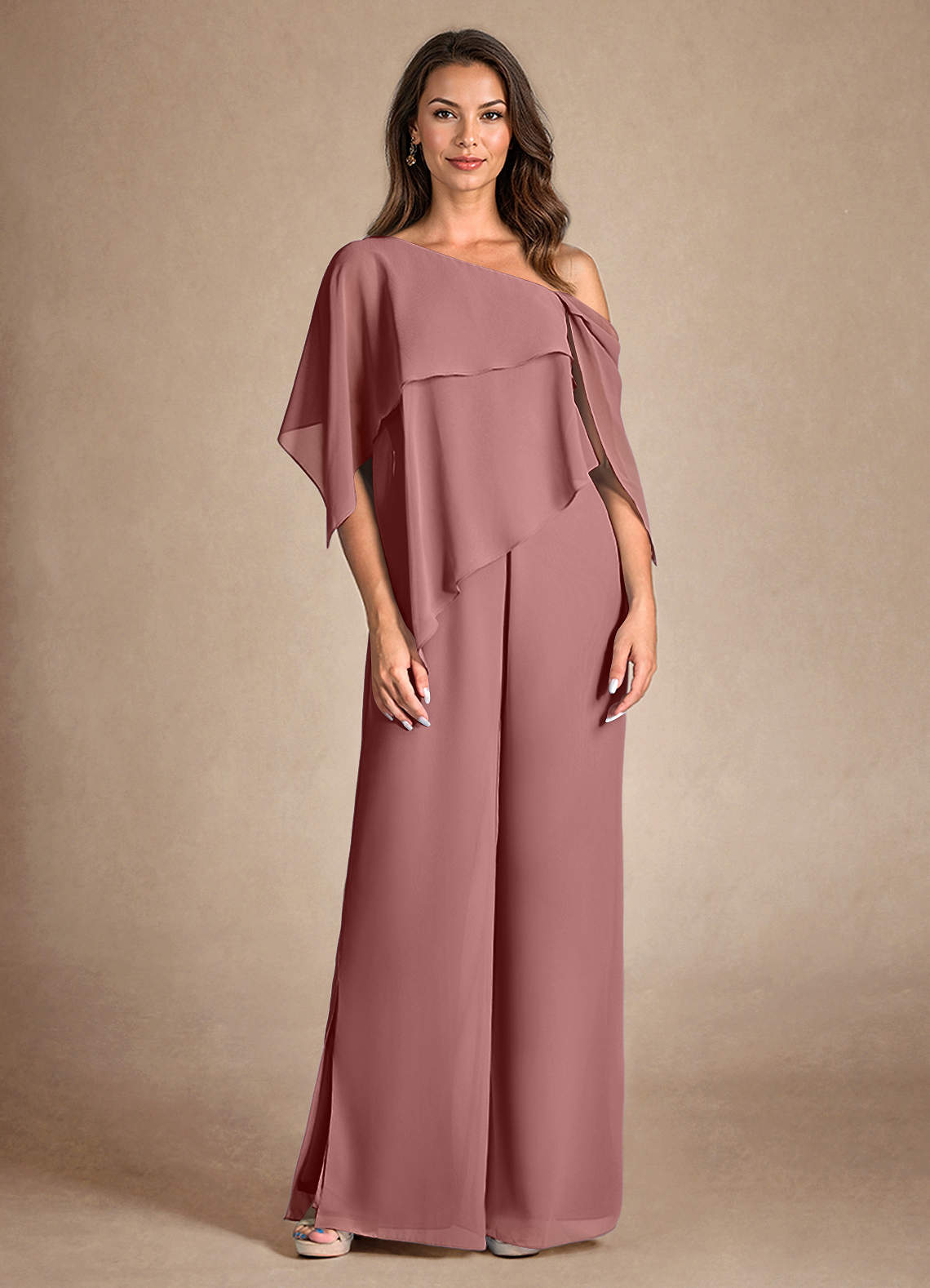 Azazie Halima vestidos de madre de la novia Vestido de Rosa Del Desierto de Gasa de Mono/Traje de pantalón con Corte Lateral image6