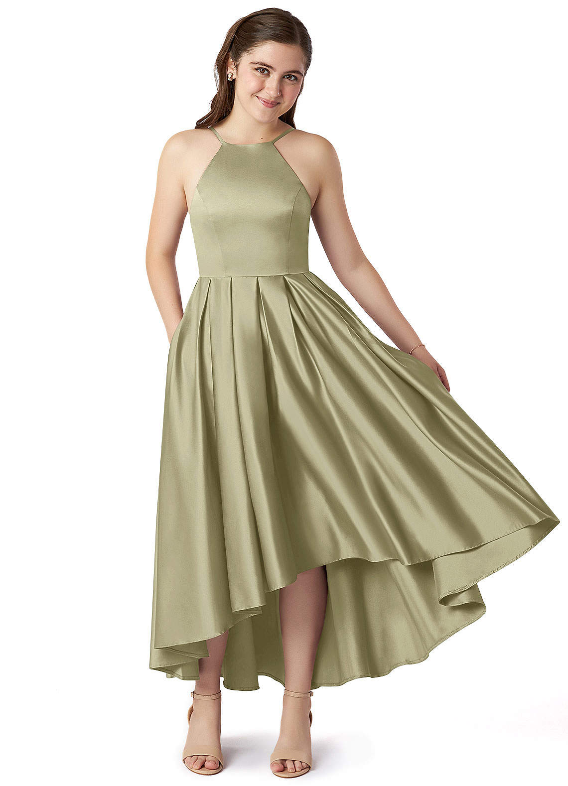 Azazie Jemima Junior Pistachio A-Line with Pockets Stretch Satin Dress image1