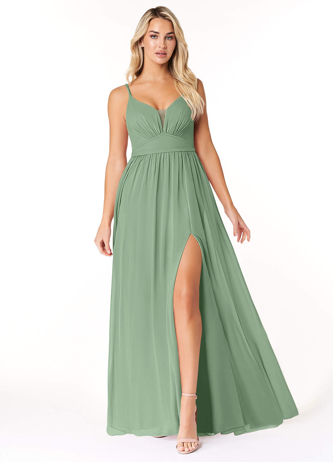 Azazie Rayna Bridesmaid Dresses Matcha A-Line V-Neck Pleated Chiffon Dress image1