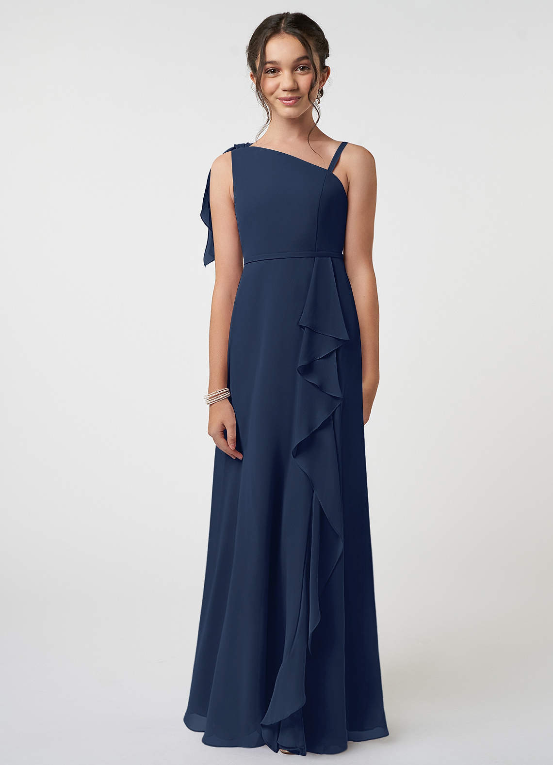 Azazie Aidy Junior A라인 절하다 쉬폰 플로어 길이 주니어 신부 들러리 드레스 image1