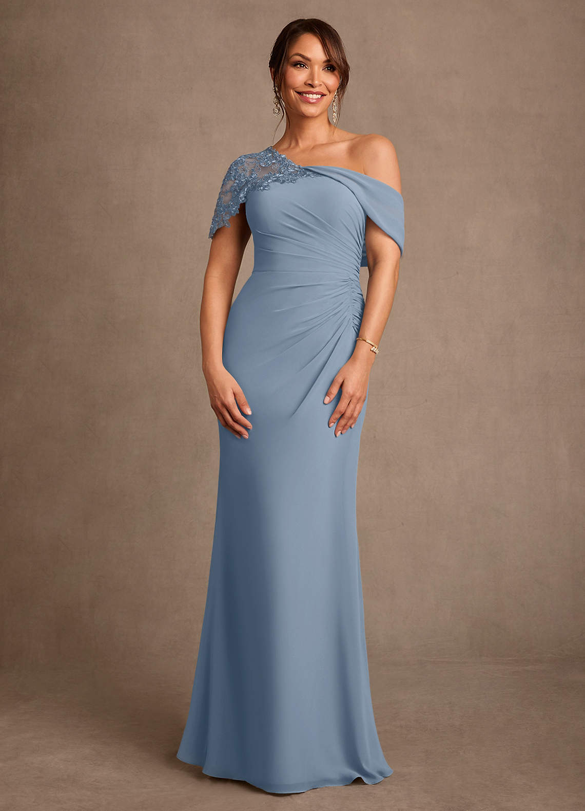 Azazie Sally Dusty Blue Sheath Lace Chiffon Dress | Azazie