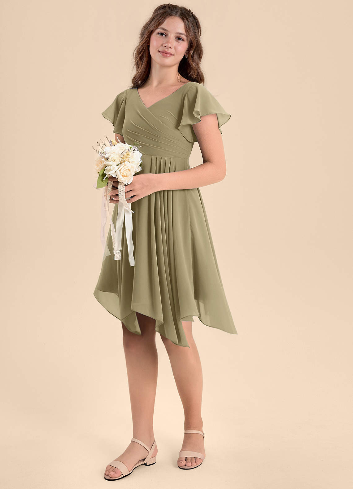 Azazie Janeaurelia Junior Abito A-Line in Chiffon Plissettato Verde Muschio image1