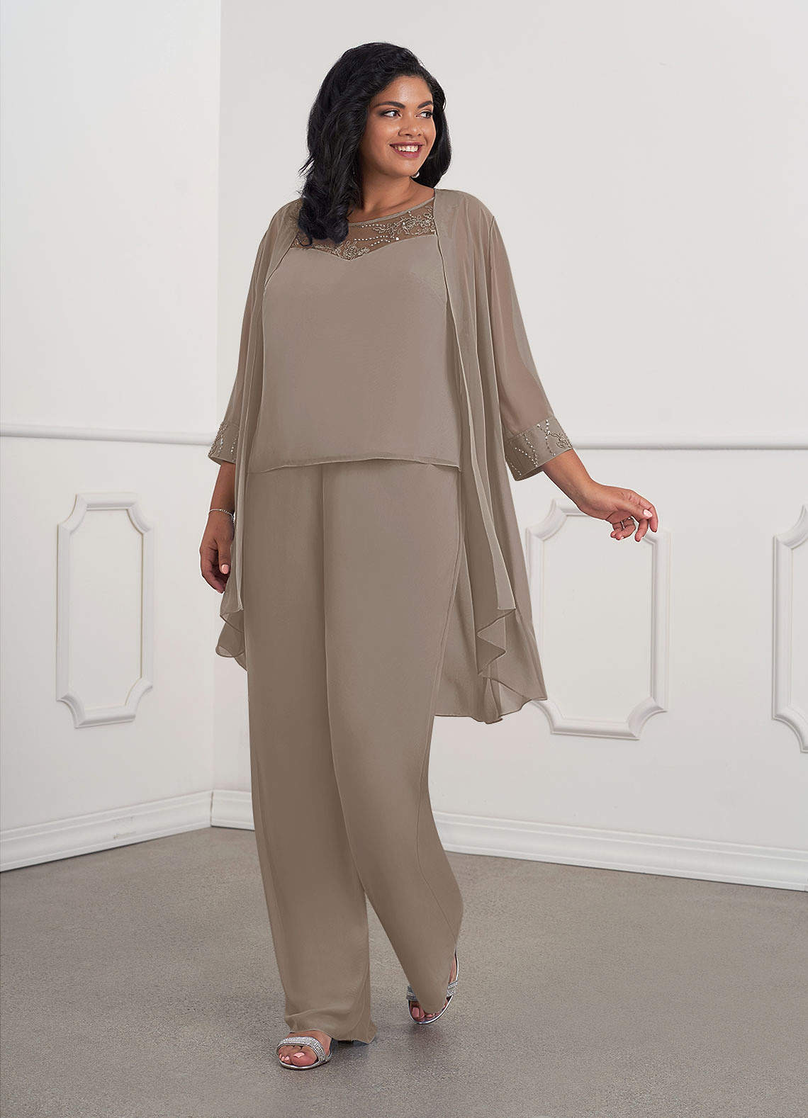 Azazie Maura Mother of the Bride Dresses Taupe Jumpsuit/Pantsuit Sequins Chiffon Dress image1