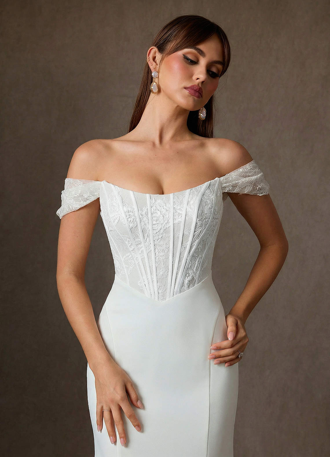 Azazie Yamelle Wedding Dresses Diamond White Mermaid Off the Shoulder Satin Dress image1