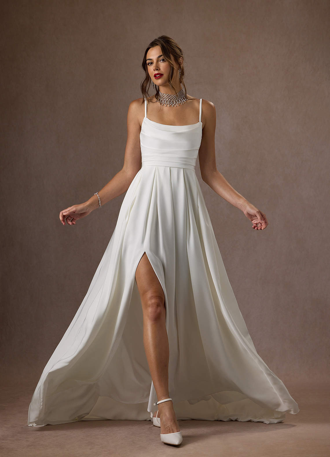 Azazie Caymus At-home Try On Dresses Diamond White A-Line Scoop Pleated Crepe Back Satin Dress image4