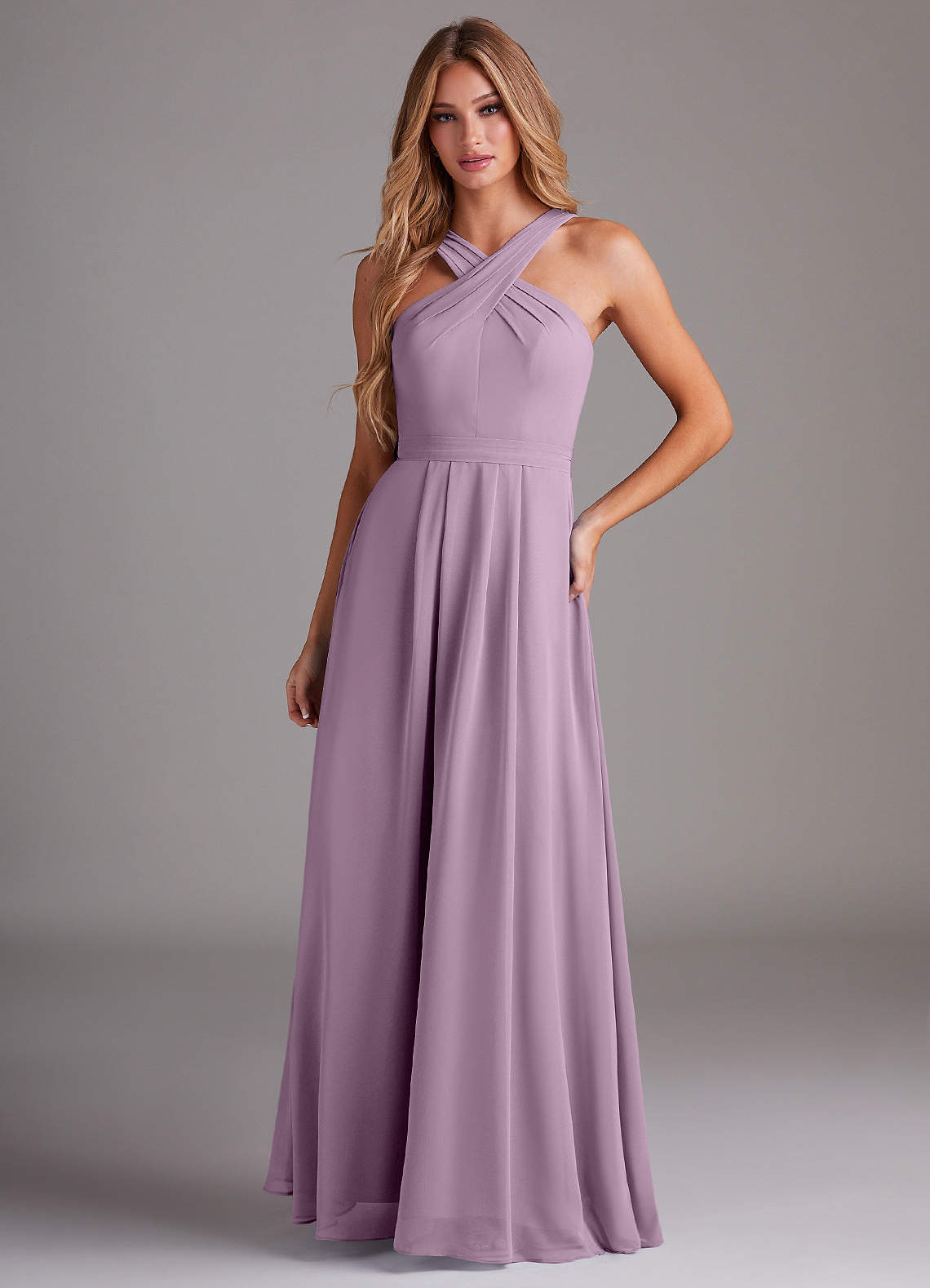 Azazie Dixie Vestidos de damas de honor Vestido de Glicinia de Gasa de Corte en A con Halter Plisado image1