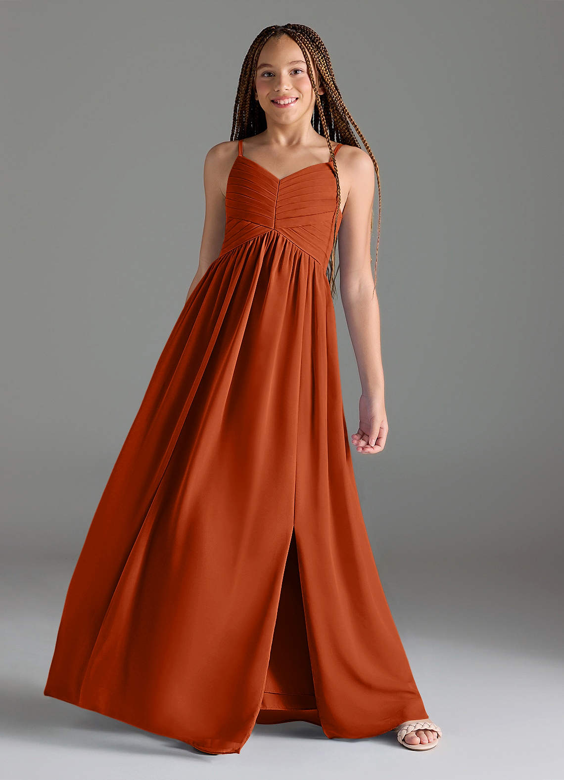 Azazie Alia Junior Burnt Orange A-Line Pleated Chiffon Dress image1