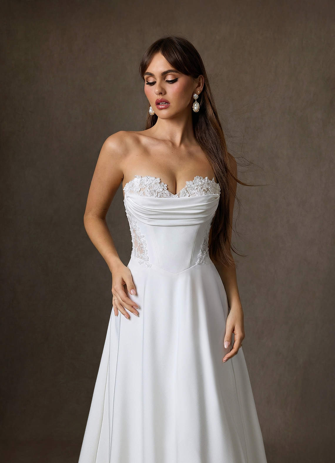 Azazie Ganelle Wedding Dresses Diamond White Champagne A-Line Sweetheart Neckline Crepe Back Satin Dress image2