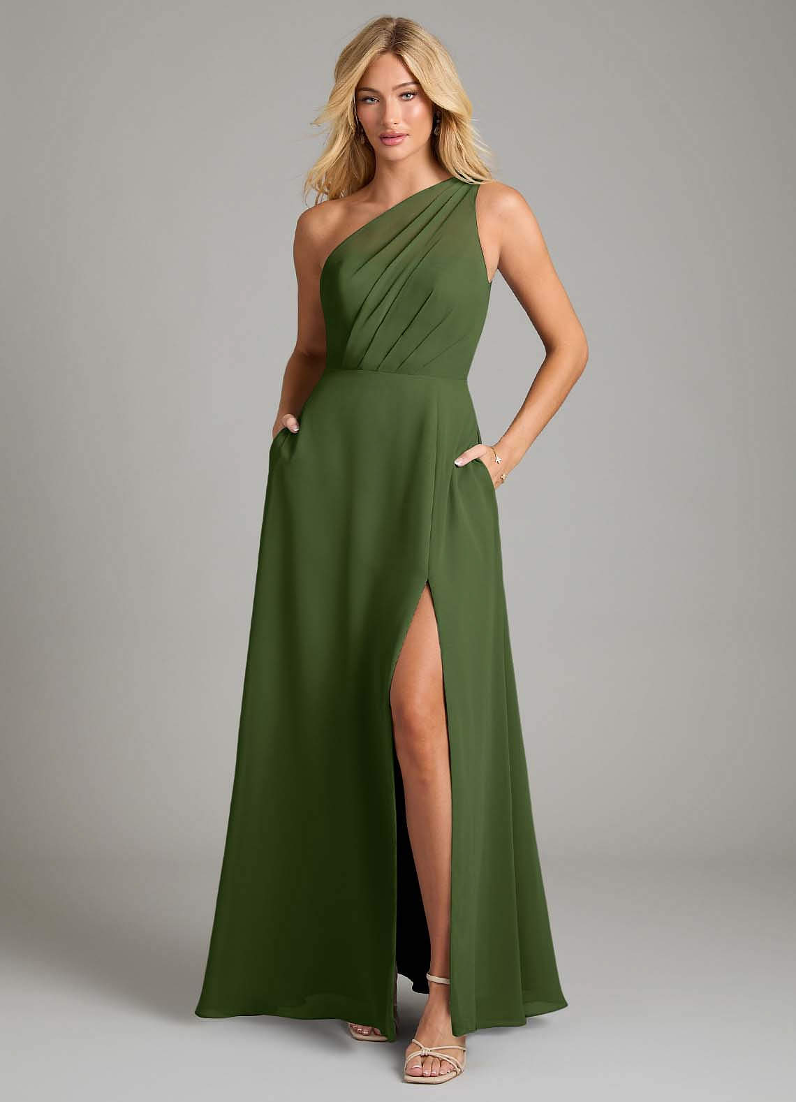 Azazie Phaedra Bridesmaid Dresses Olive A-Line One Shoulder Chiffon Dress image2