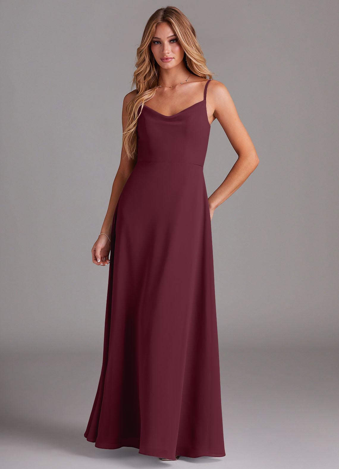Azazie Daenerys Bridesmaid Dresses Cabernet A-Line Cowl Chiffon Dress image1