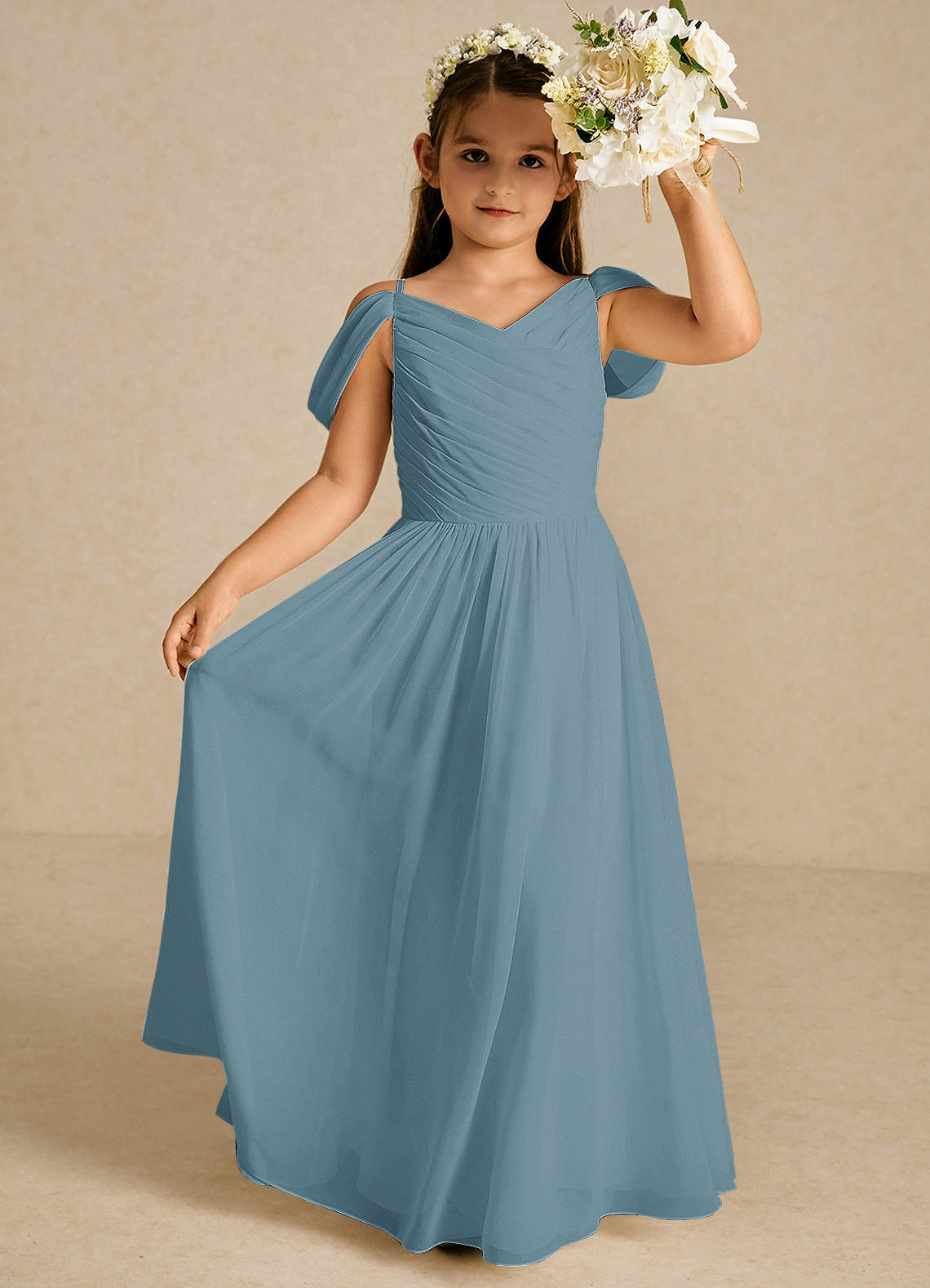 Azazie Chelle Flower Girl Dresses Moody Blue A-Line Pleated Chiffon Dress image1