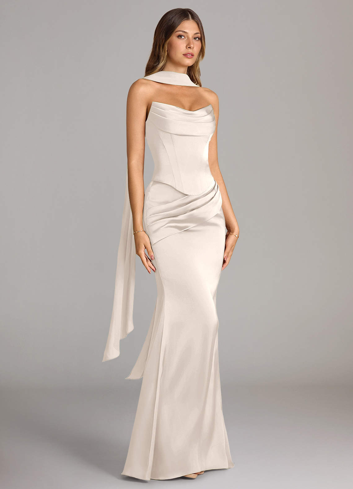 Azazie Sorrel Bridesmaid Dresses White Alabaster Mermaid Strapless Stretch Satin Convertible Dress image2