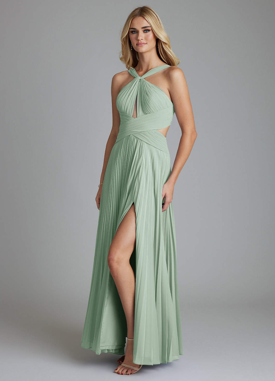 Azazie Hosanna Essayer des robes à la maison Robe Trapèze en Mousseline de soie Plissée Agave image4