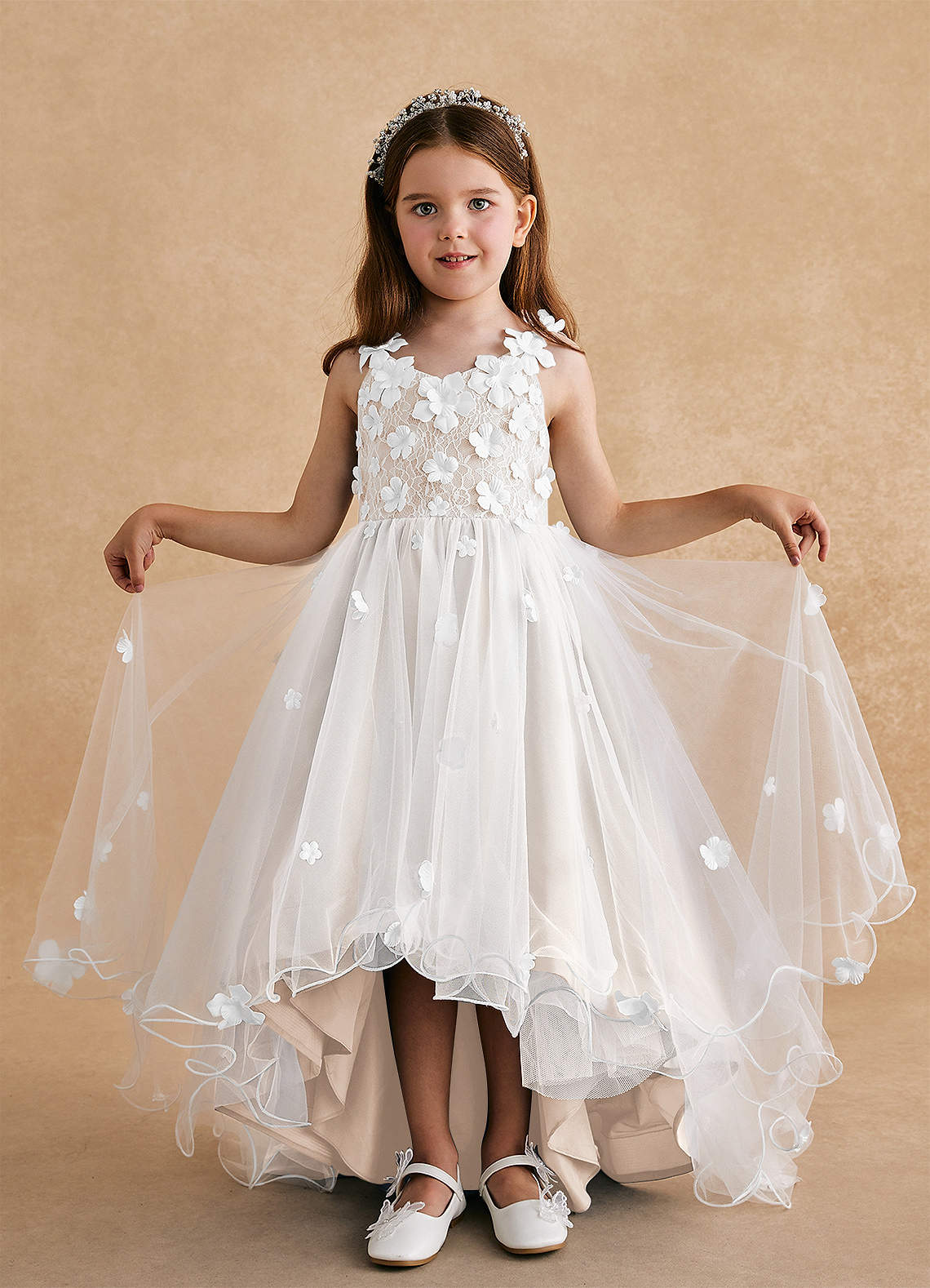 Azazie Celia Flower Girl Dresses White Alabaster A-Line Lace Tulle Dress image2