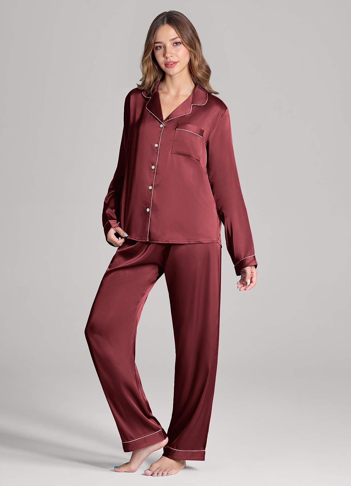 front Long Sleeves and Pants Satin PJ Set