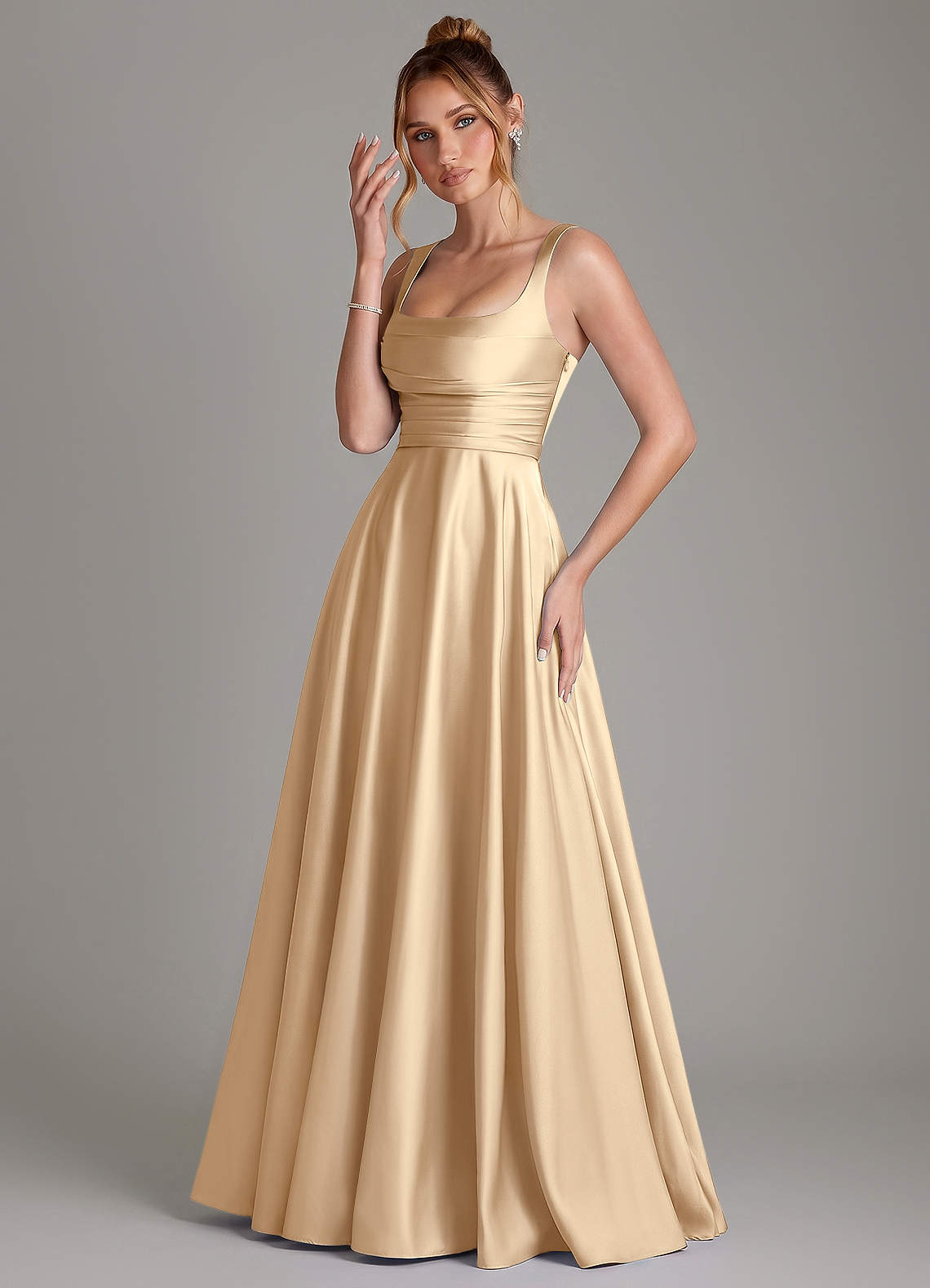 Azazie Azaria Bridesmaid Dresses Champagne A-Line Corset Stretch Satin Dress image2
