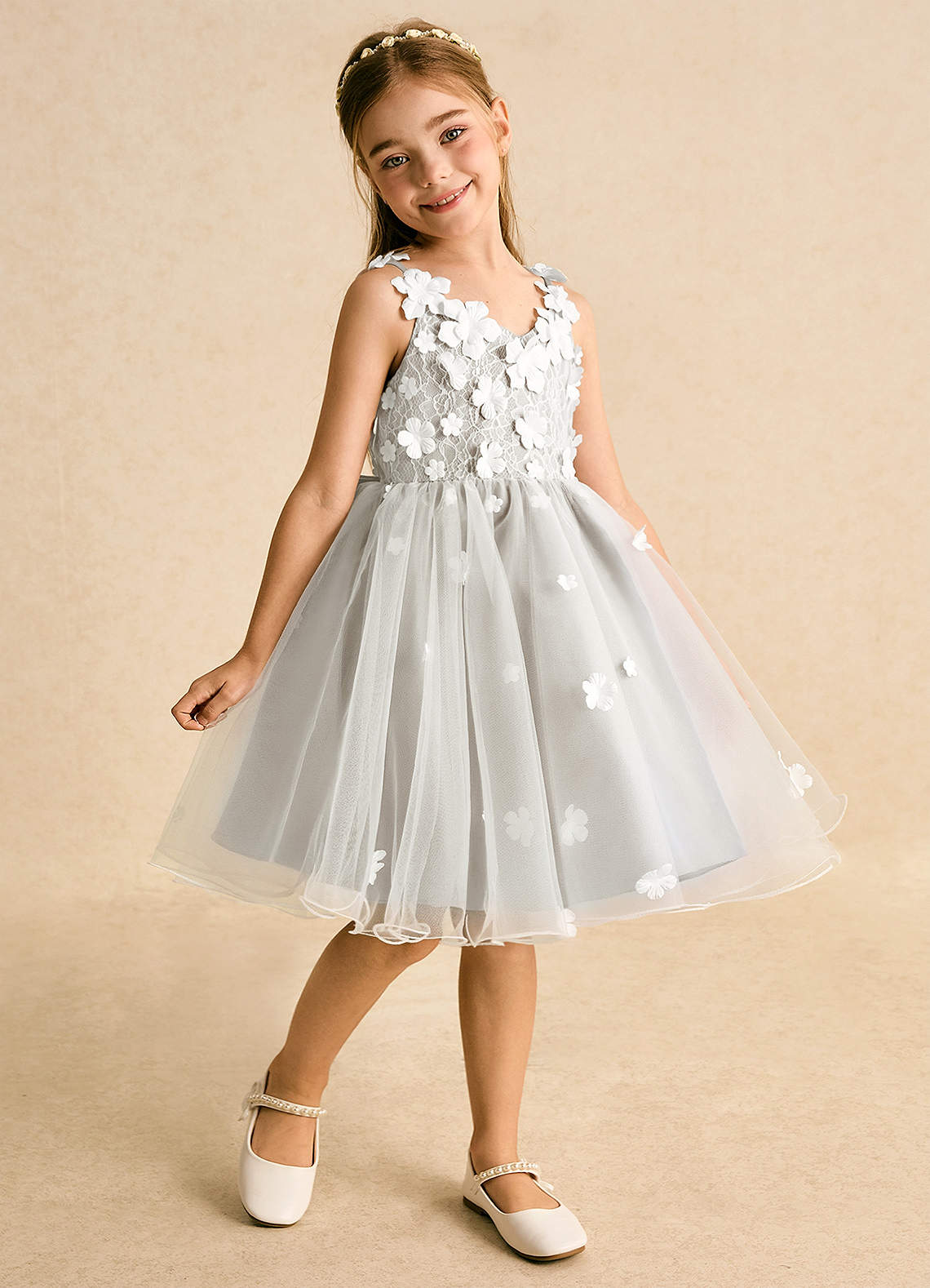Azazie Junebug Robe Demoiselle D'honneur Fillette Robe Princesse en Tulle Dentelle Ivoire Givre image1