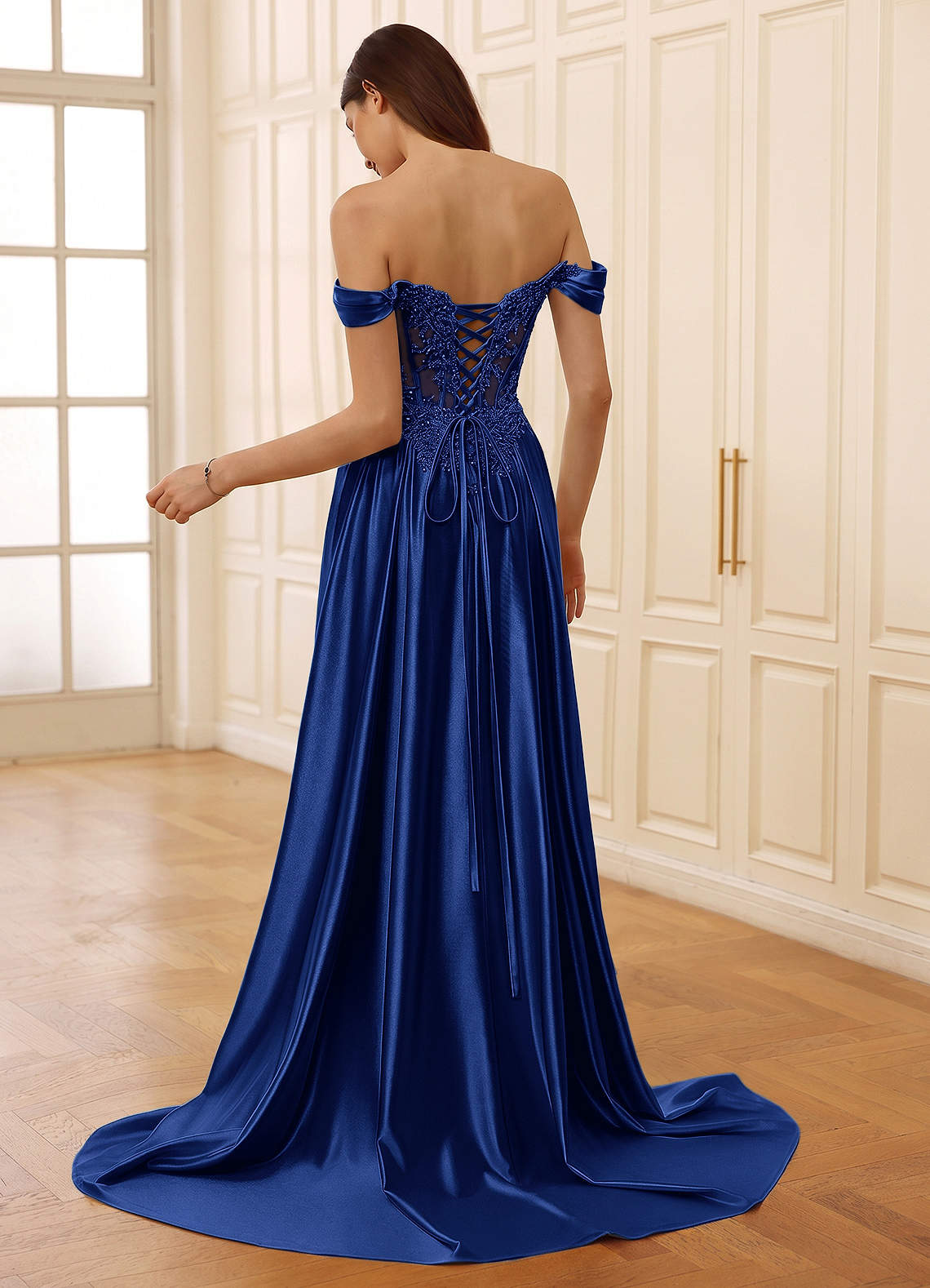 Azazie Royal Blue Corset Beading Off The Shoulder Formal Dress Azazie Royal Blue Corset Beading Off The Shoulder Formal Dress