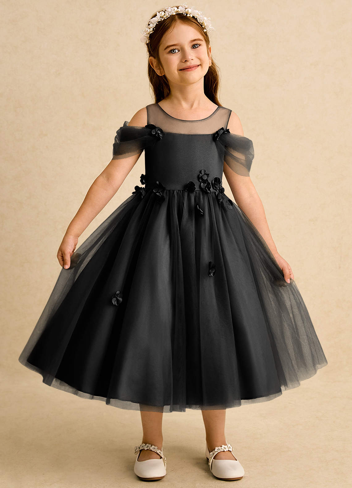Azazie Juni Flower Girl Dresses Black Ball-Gown Pleated Tulle Dress image1