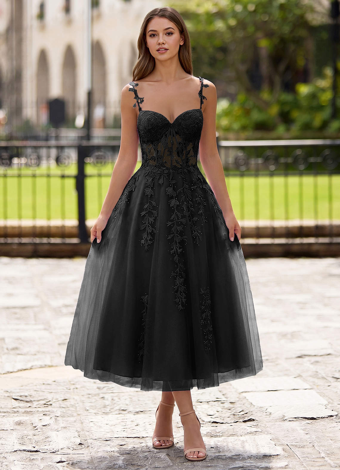 Zosia Black Lace A-line Lace Up Back Midi Dress | Azazie
