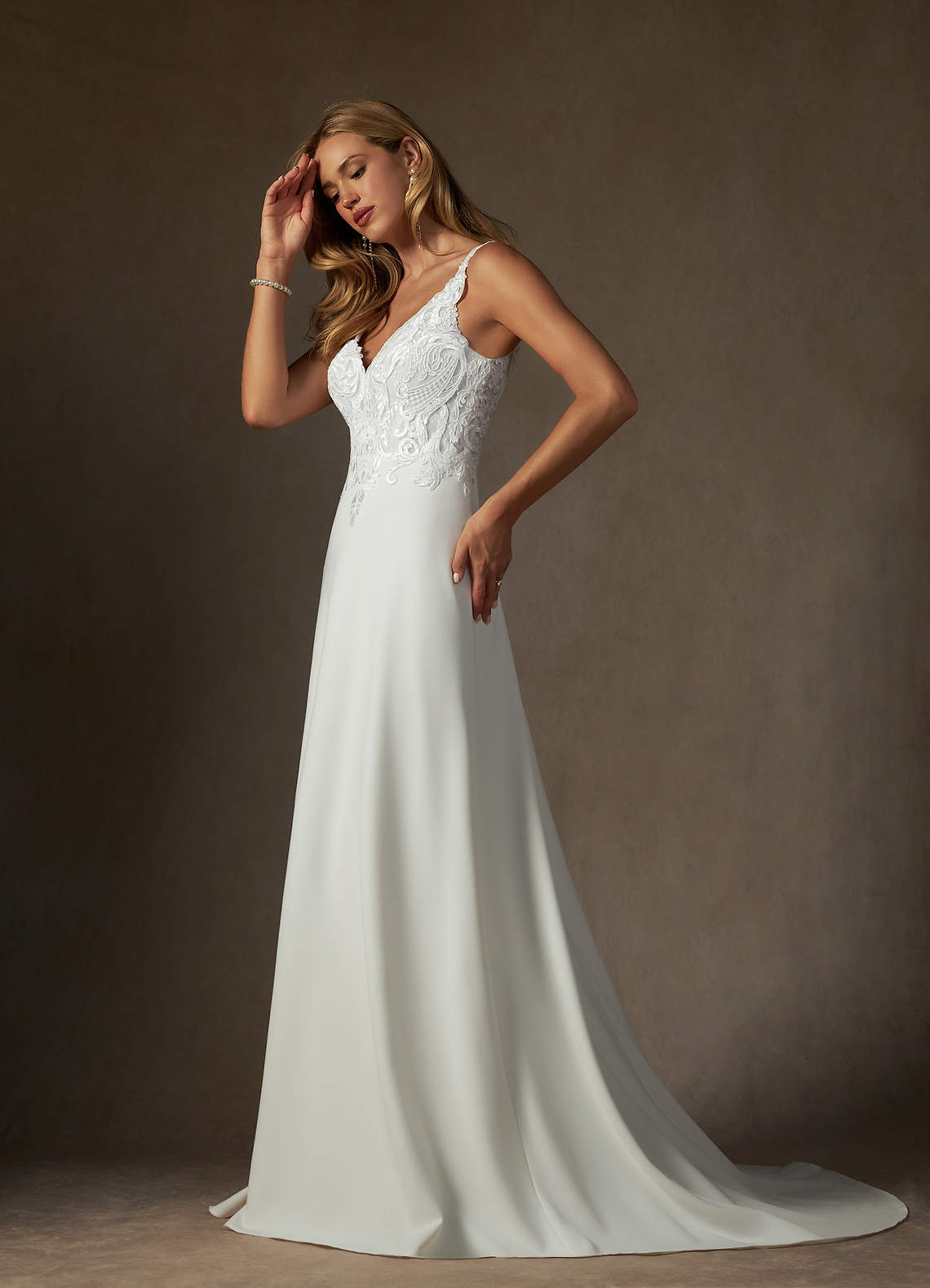 Azazie Clementina Wedding Dresses Diamond White A-Line V-Neck Sequins Stretch Crepe Dress image3