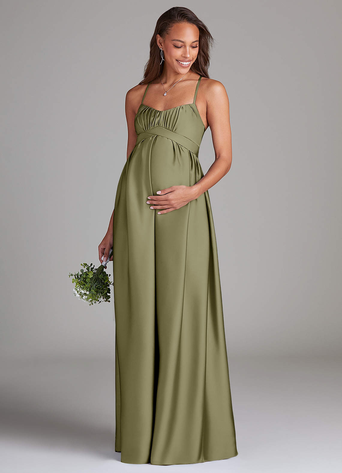 Azazie Llana Brautjungfernkleider für Schwangere A-Linie mit Taschen Stretch-Satin Bodenlänge Kleid image1