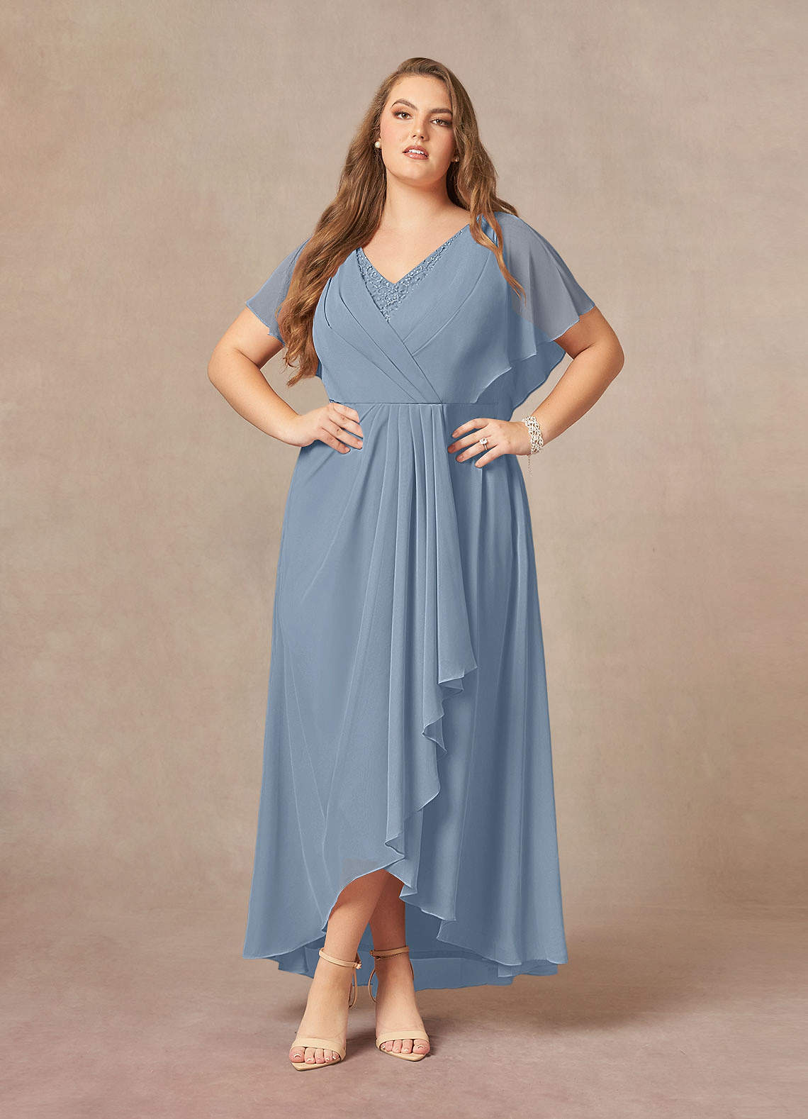 Azazie Eliza Mother of the Bride Dresses Dusty Blue A-Line V-Neck Pleated Chiffon Dress image1