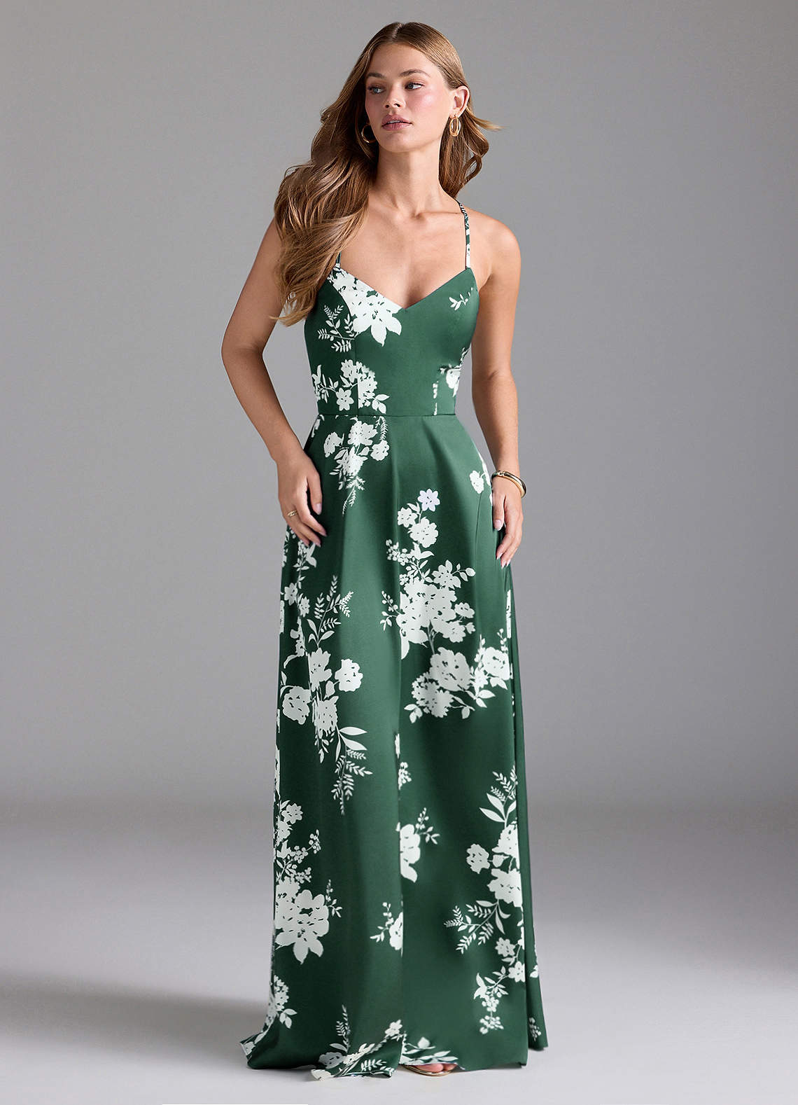 Azazie Mei Bridesmaid Dresses Green Botanicals A-Line V-Neck Stretch Satin Dress image1