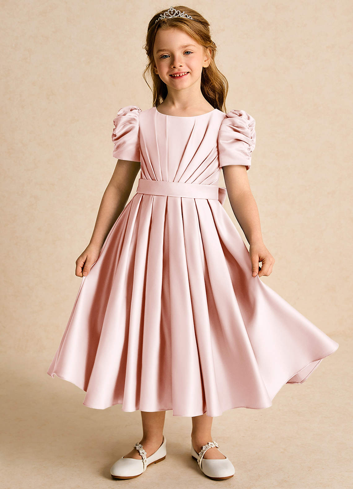 Azazie Miriam Abiti da Ragazza di Fiori Abito Principessa in Raso Opaco Plissettato Rosa Rossore image1