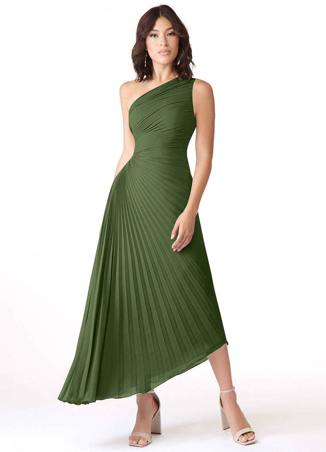 Azazie Kirra Jurken voor bruidsmeisjes Jurk van Chiffon met A-Lijn One-Shoulder Olijf image1