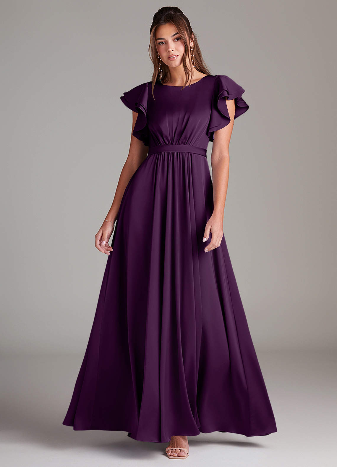 Azazie Daphne Modest Bridesmaid Dresses A-Line Ruched Stretch Satin Floor-Length Dress image1