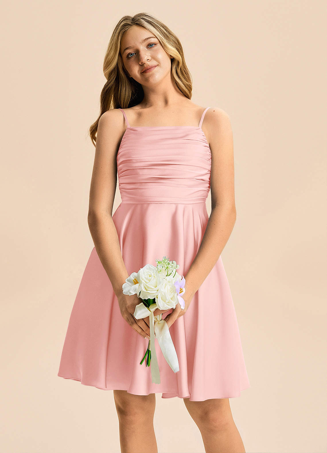 Azazie Miko Junior Blushing Pink A-Line Pleated Stretch Satin Dress image5