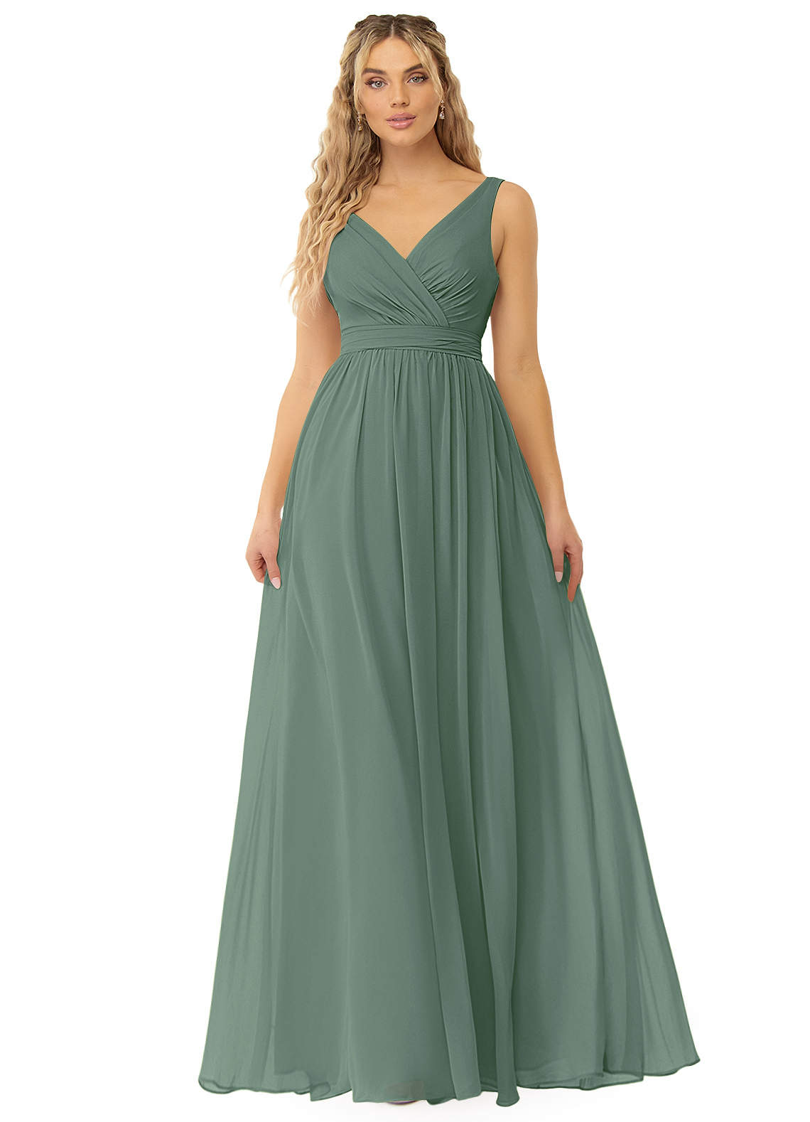 Azazie Kora Bridesmaid Dresses Eucalyptus A-Line Pleated Chiffon Dress image1