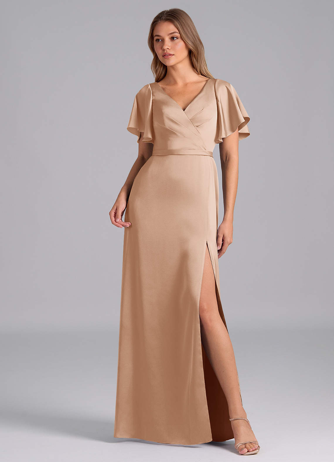 Azazie Ambrosia Bridesmaid Dresses English Rose A-Line Pleated Stretch Satin Dress image1