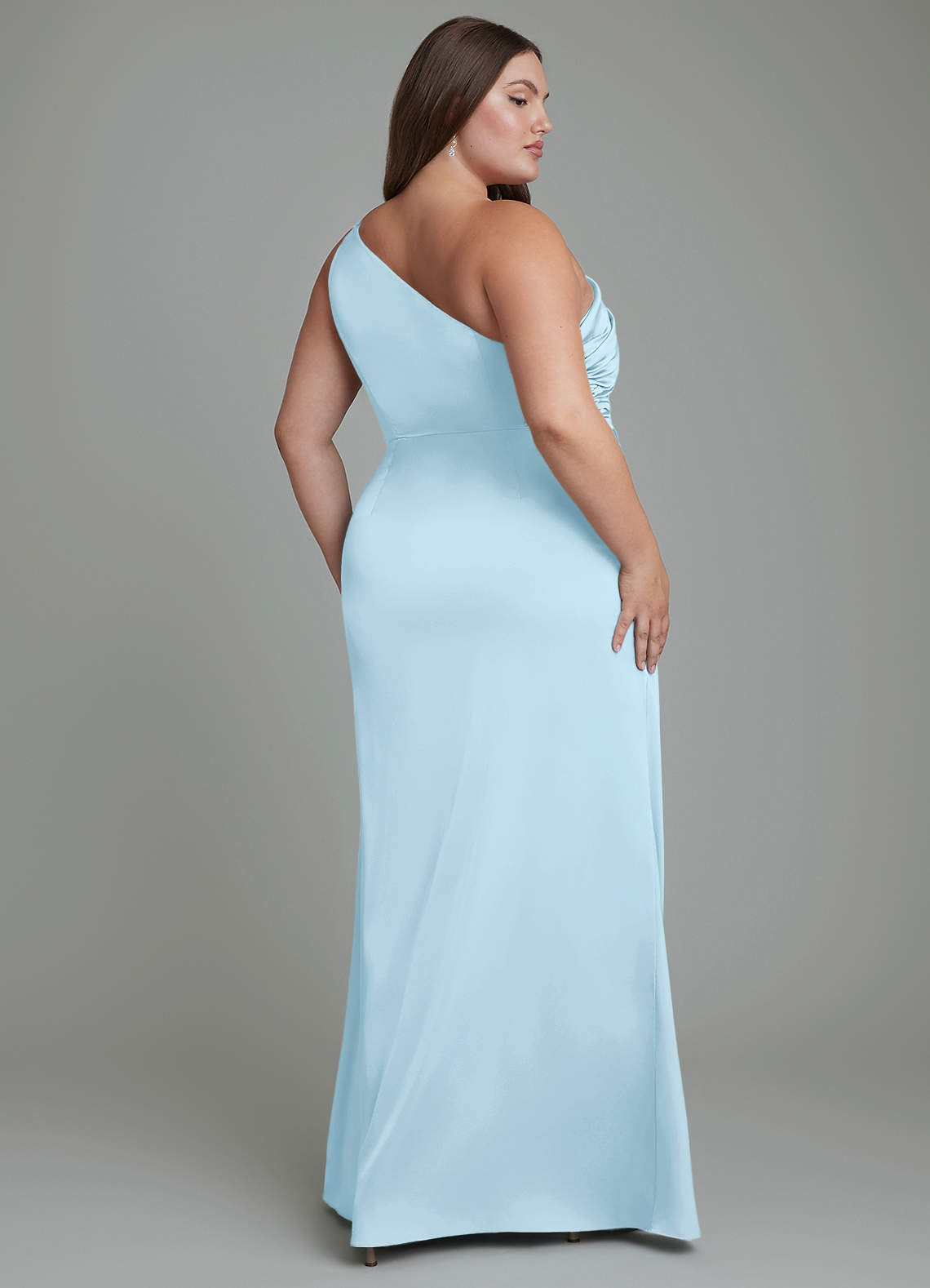 Azazie Akilah At-home Try On Dresses Sky Blue Mermaid One Shoulder Stretch Satin Dress image8