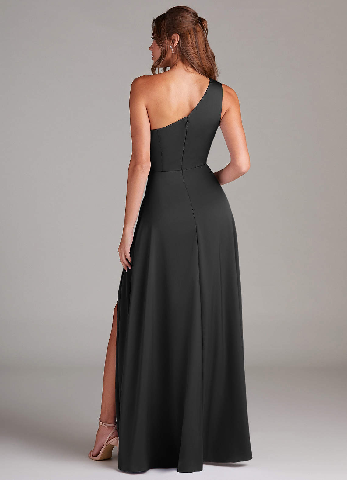 Azazie Brooke Bridesmaid Dresses Black A-Line One Shoulder Stretch Satin Dress image6