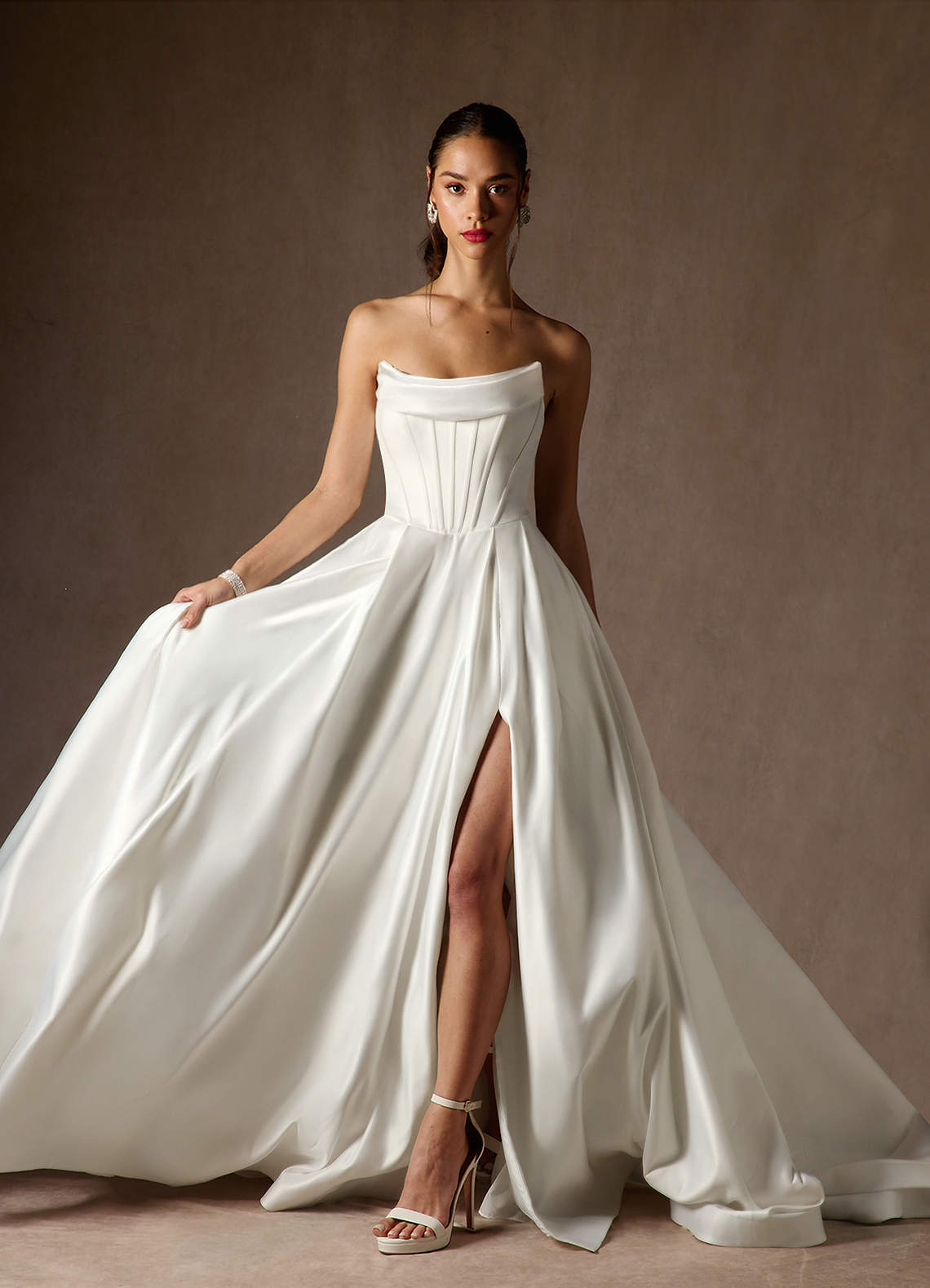 Azazie Katalina At-home Try On Dresses Diamond White Ball-Gown Strapless Satin Dress image6