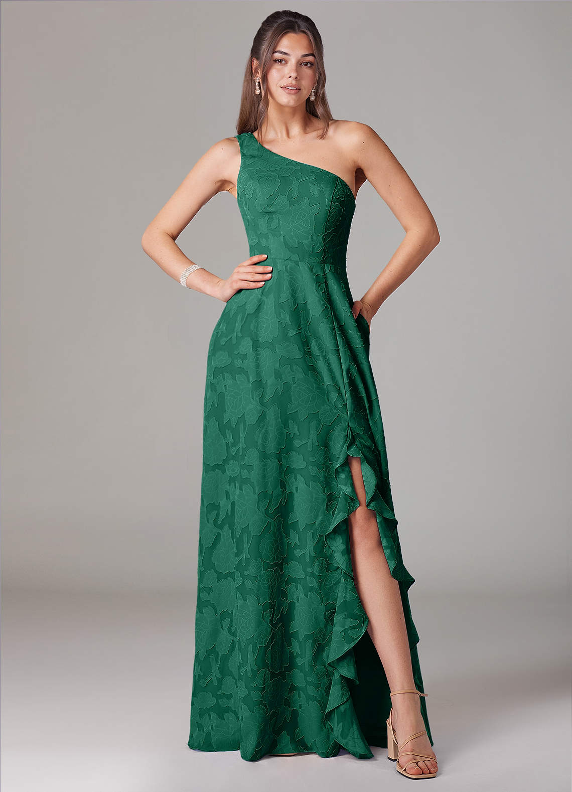 Azazie Ellianna Jurken voor bruidsmeisjes Jurk van Bloemen Burn-out met A-Lijn One-Shoulder Smaragd image1