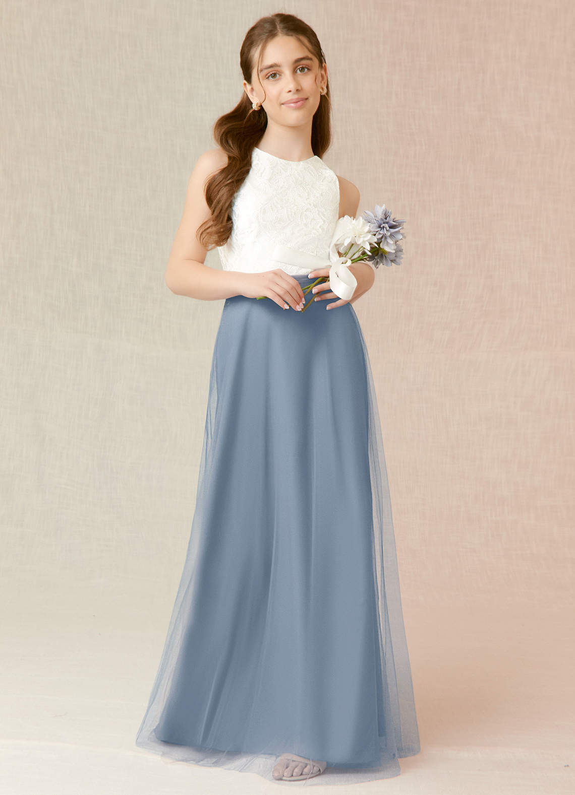 Azazie Albertine Junior Dusty Blue A-Line Lace Chiffon Dress image1