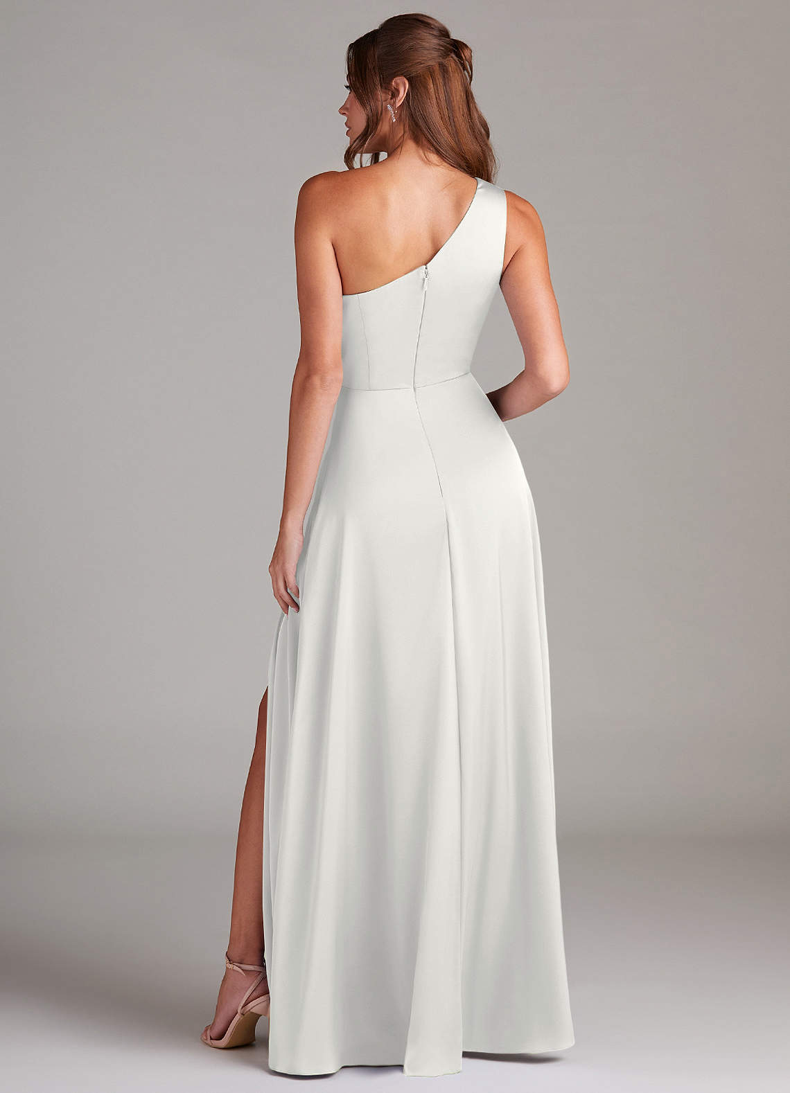 Azazie Brooke Vestidos de madrinha de casamento Vestido Branco de Cetim elástico de Linha A com Um ombro image7