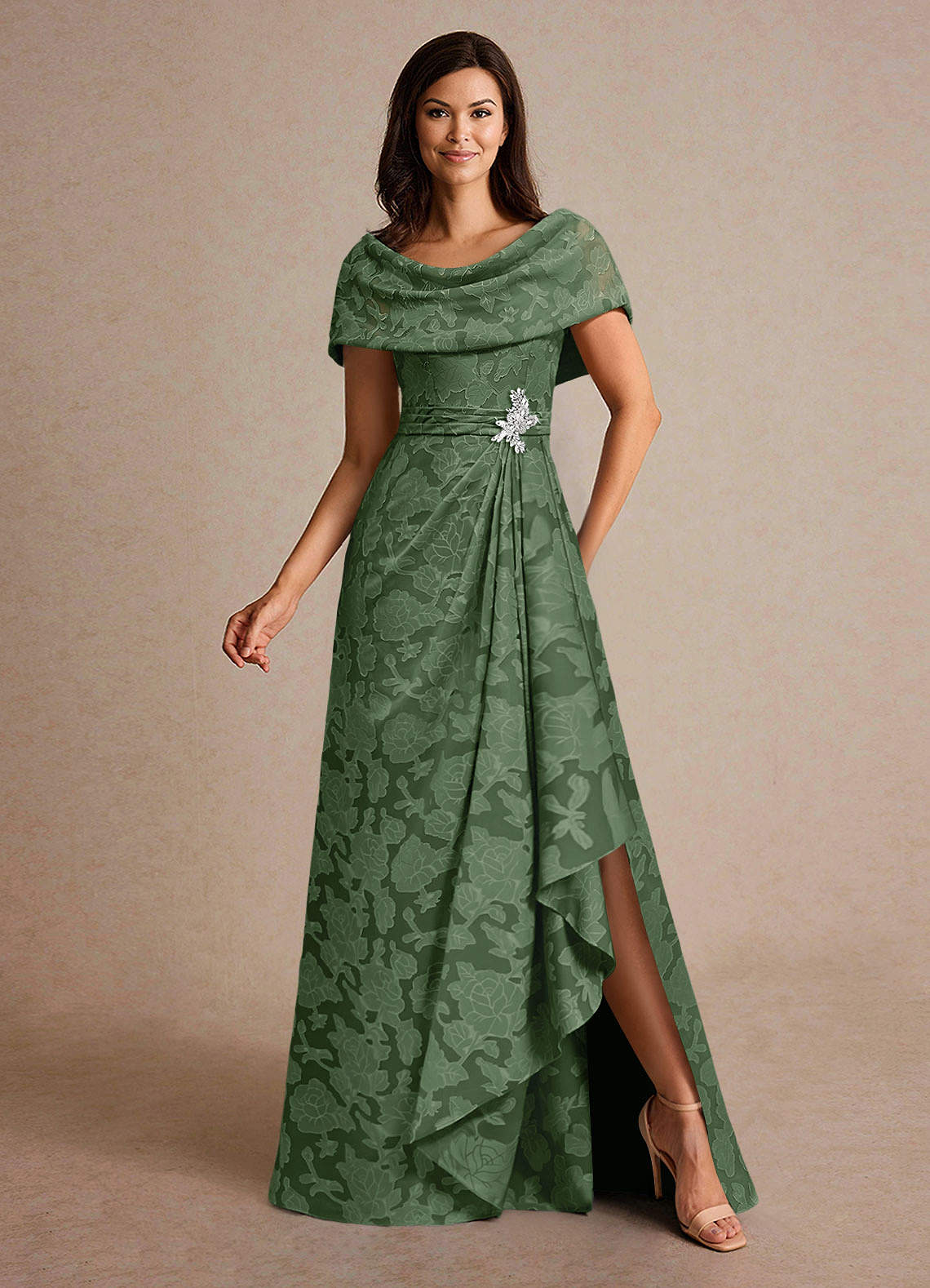 Azazie Branford Mother of the Bride Dresses Eucalyptus A-Line Pleated Floral Burnout Dress image3