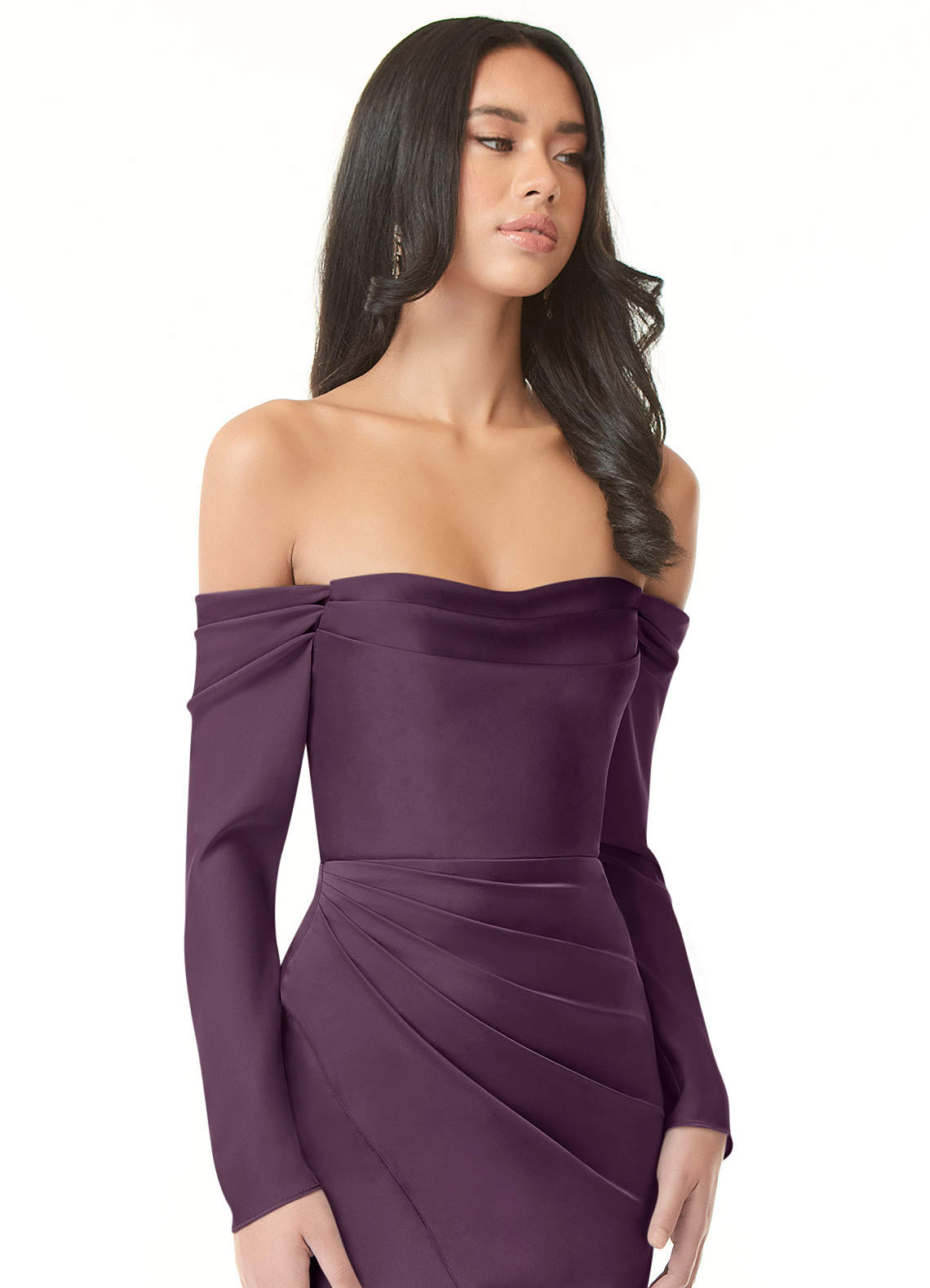 Azazie Hallie Bridesmaid Dresses Plum Mermaid Off-The-Shoulder Long Sleeve Stretch Satin Convertible Dress image1