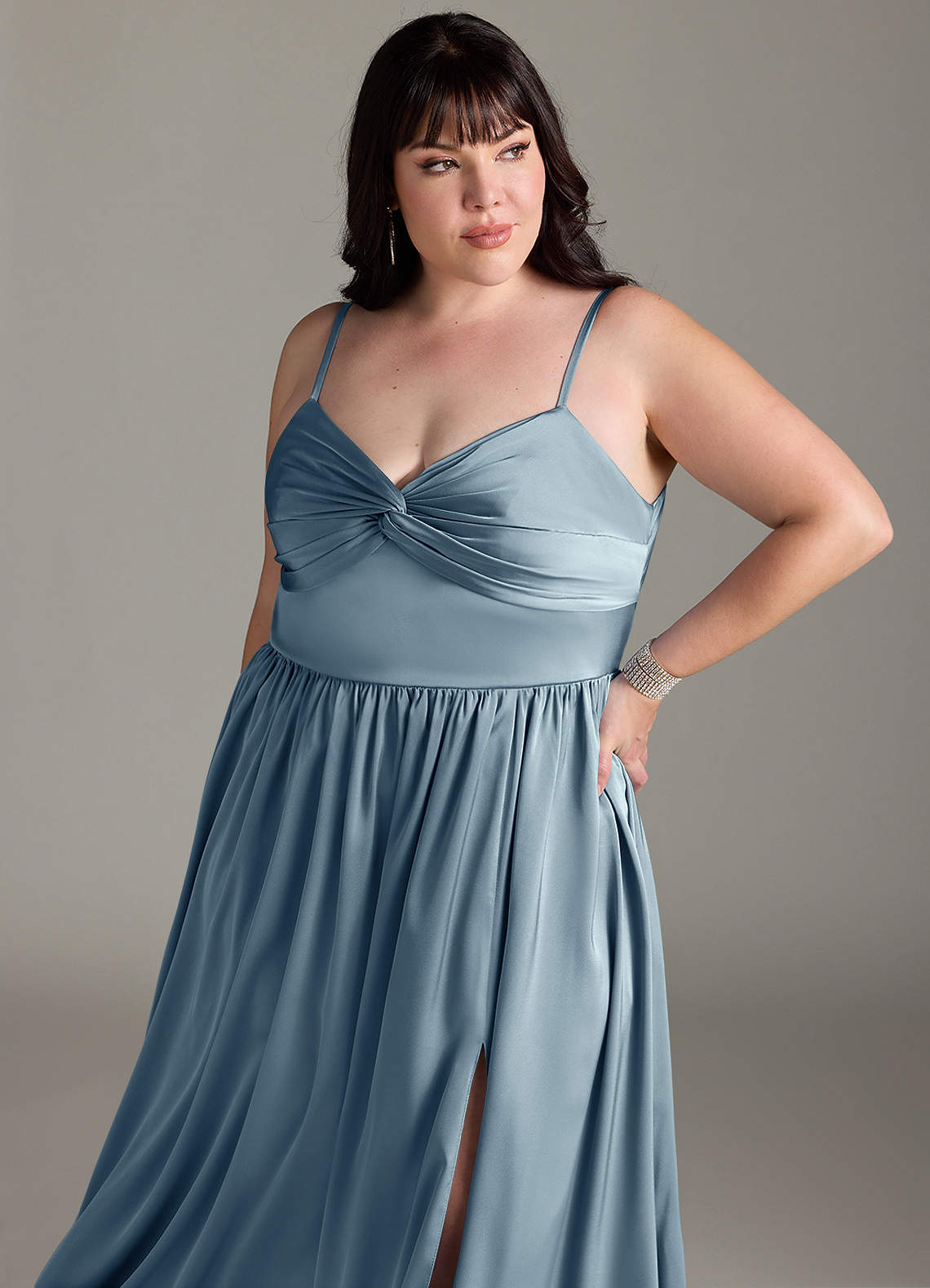 Azazie Zeya Bridesmaid Dresses Dusty Blue A-Line Pleated Stretch Satin Dress image13