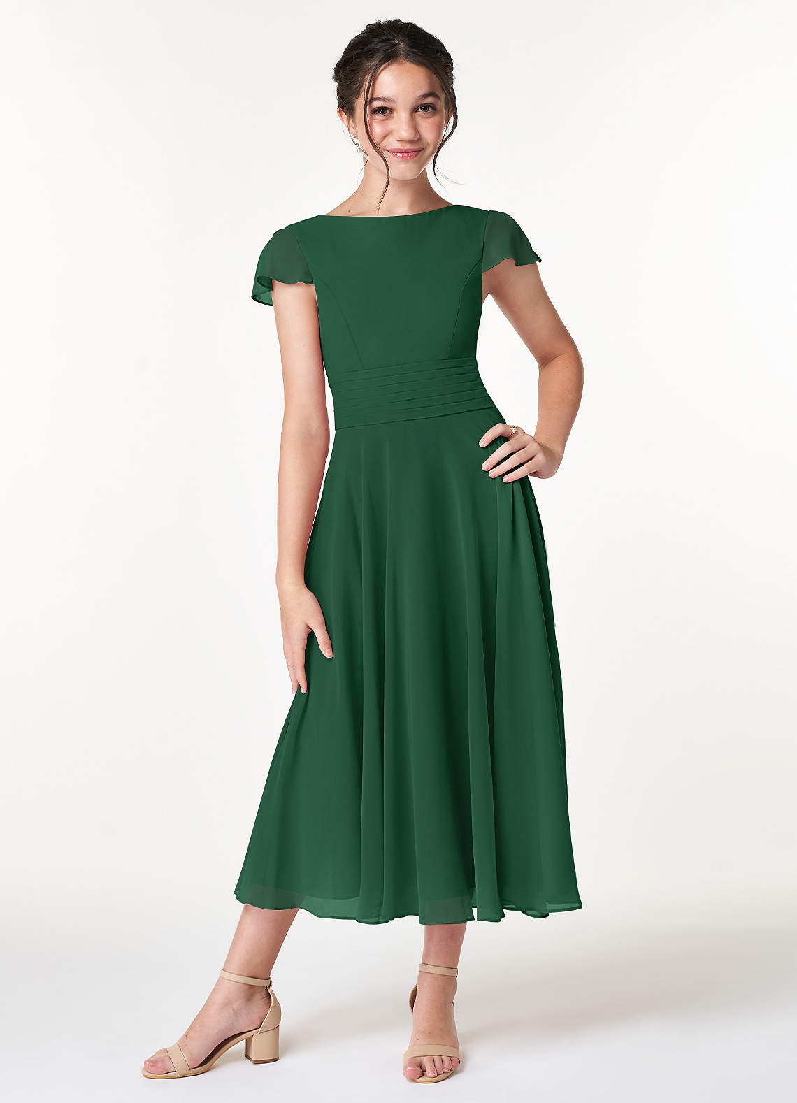 Azazie Payton Junior Dark Green A-Line Bow Chiffon Dress image1