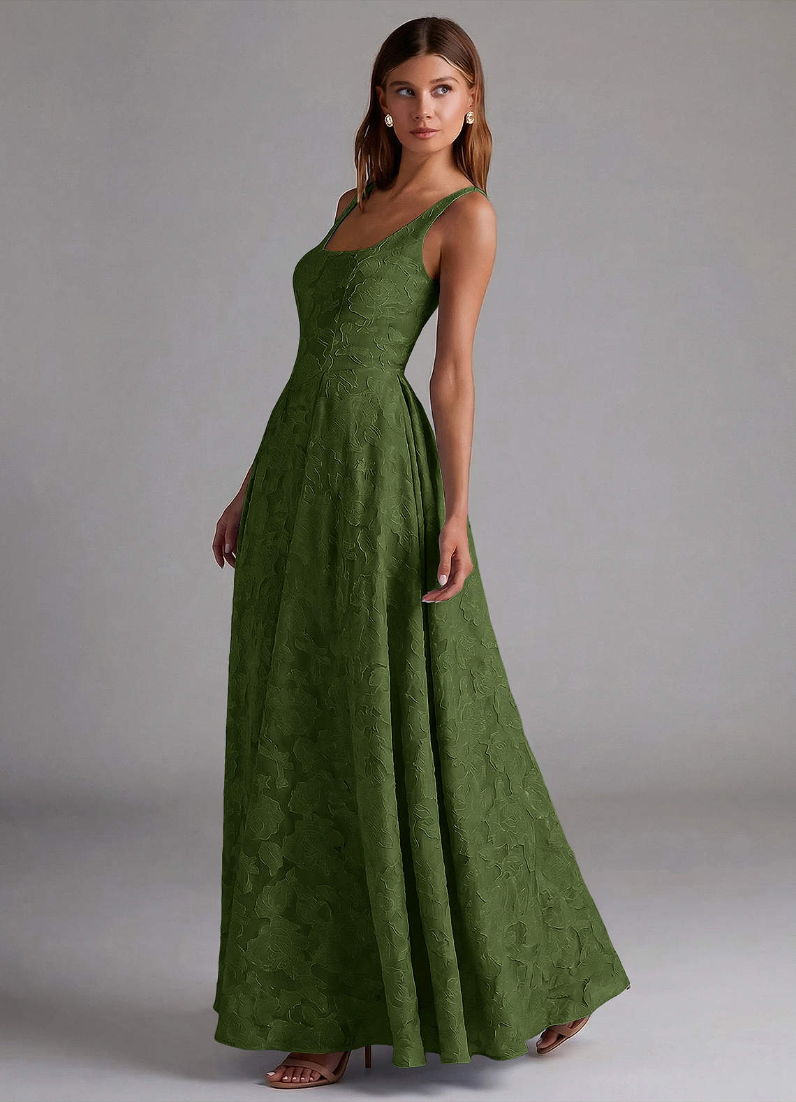 Azazie Amalie Vestidos de madrinha de casamento Vestido Oliva de Esgotamento Floral de Linha A com Plissado image2