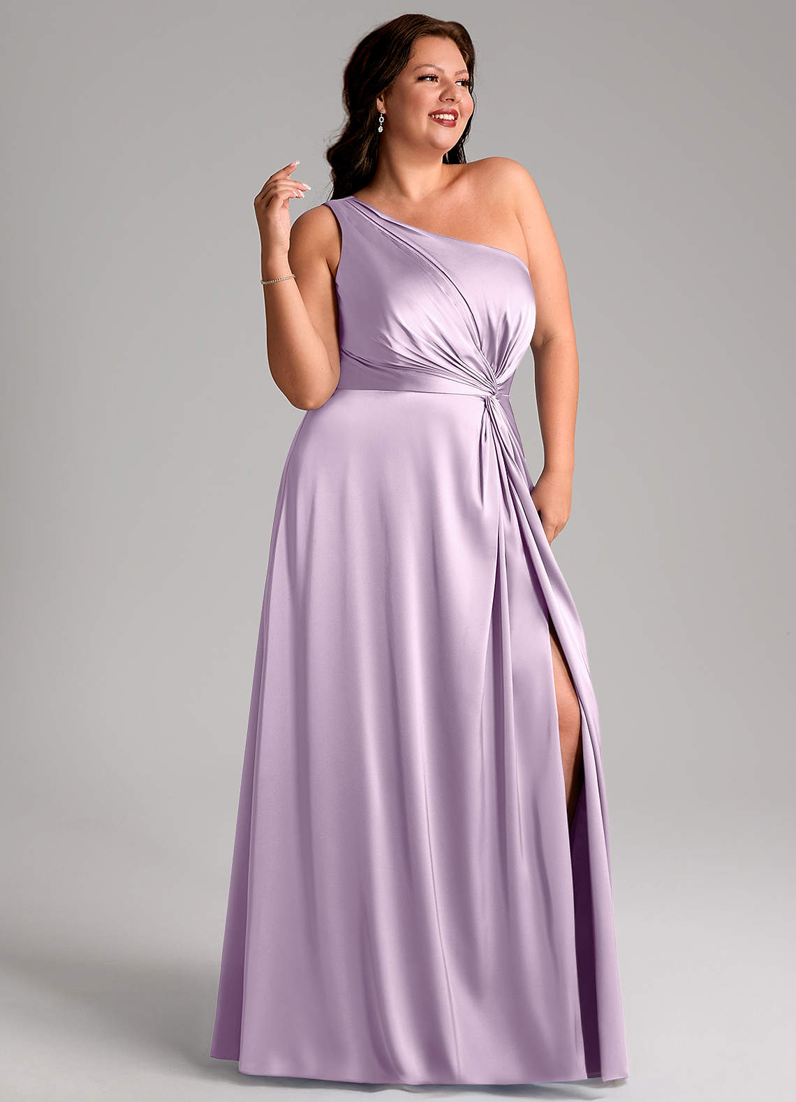 Azazie Brooke Bridesmaid Dresses Frosted Lilac A-Line One Shoulder Stretch Satin Dress image10