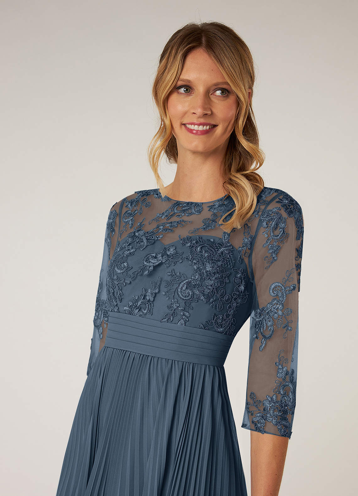 Lace 3/4 Sleeves Chiffon Tea-Length Dress Taupe main image 1
